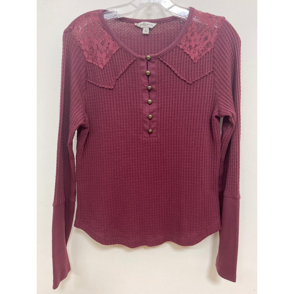 Frye and Co Burgundy Waffle Knit Lace Shoulder Button Front Thermal Top Small